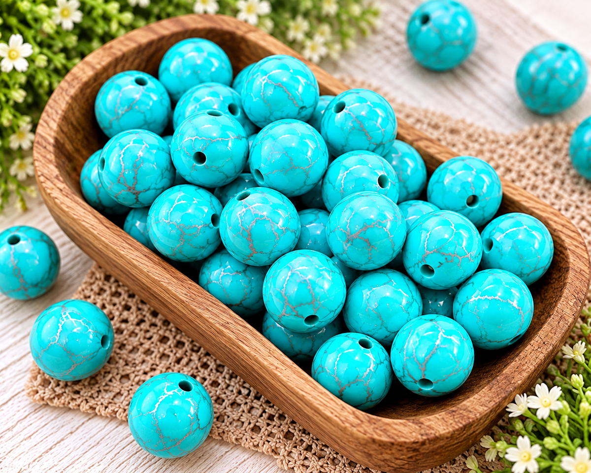 15mm Tropical Lagoon turquoise silicone beads with silver crackle print and round bead design for wristlets, keychains and DIY crafts.