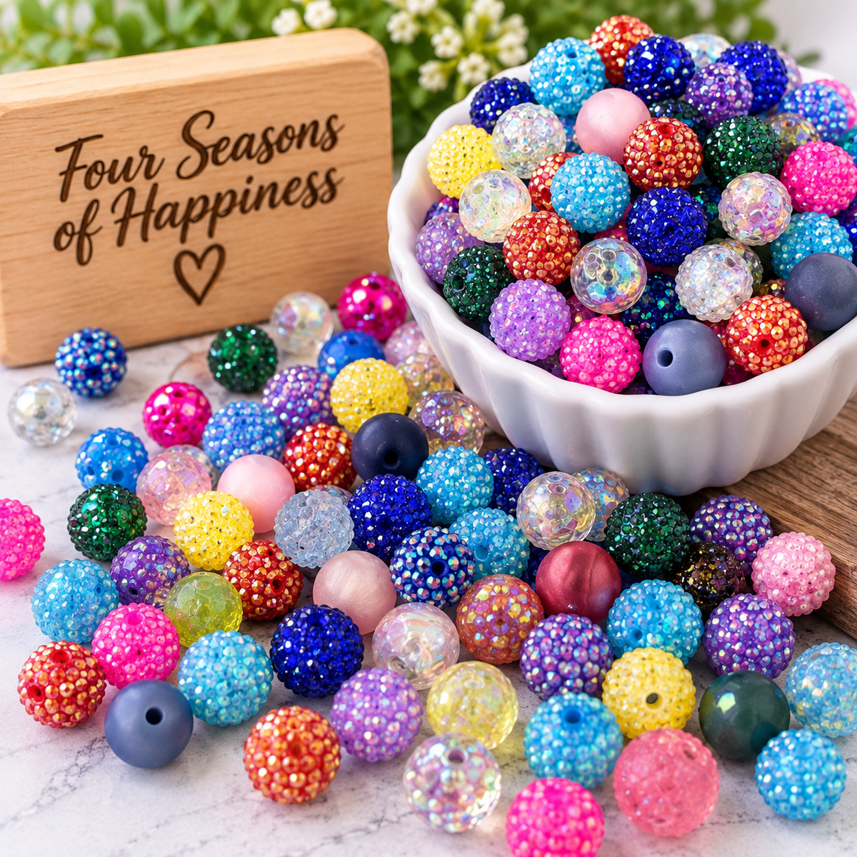 Colorful assortment of 16mm acrylic beads in mixed colors, textures and sparkling finishes, available in 50 or 100 count bags from Four Seasons of Happiness.