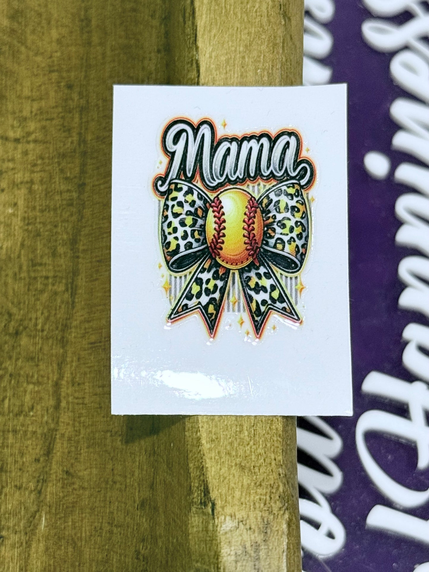 Mama Softball UV DTF Decal – 2x2 Mini Leopard Bow Softball Sticker for Tumblers, Cups & Crafts (Sold Individually)
