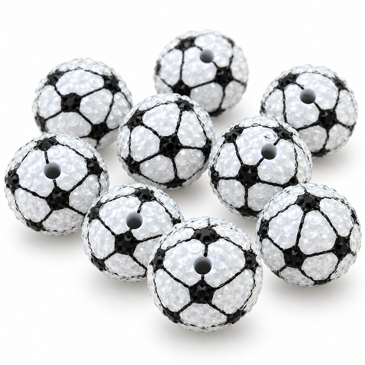 20mm black and white soccer ball acrylic rhinestone beads with sparkling textured finish and threading holes, sold in bags of 10 for DIY crafts, beaded pens, and keychains.