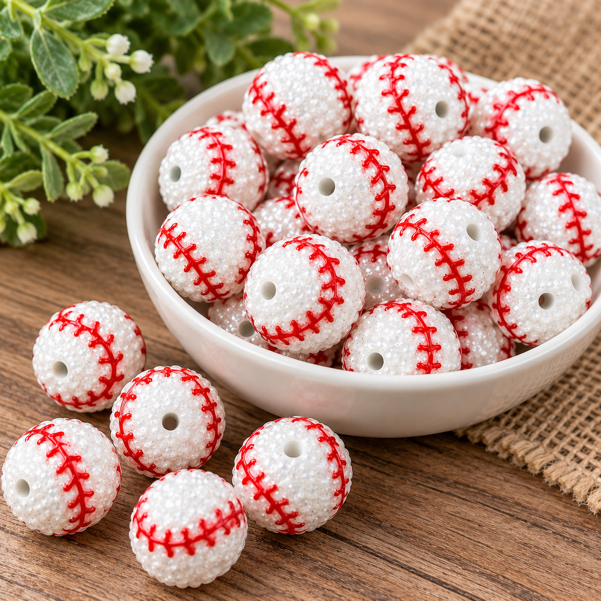 20mm white acrylic rhinestone baseball beads featuring sparkling textured surfaces, red baseball stitching, and threading holes. Perfect for DIY beaded pens, keychains, jewelry making, and baseball-themed crafts.