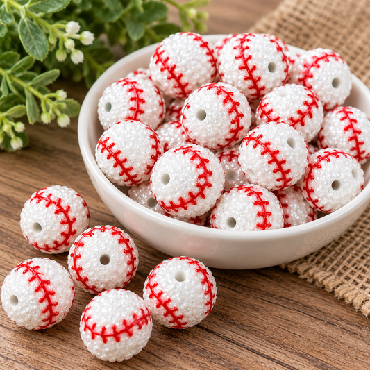 20mm white acrylic rhinestone baseball beads featuring sparkling textured surfaces, red baseball stitching, and threading holes. Perfect for DIY beaded pens, keychains, jewelry making, and baseball-themed crafts.