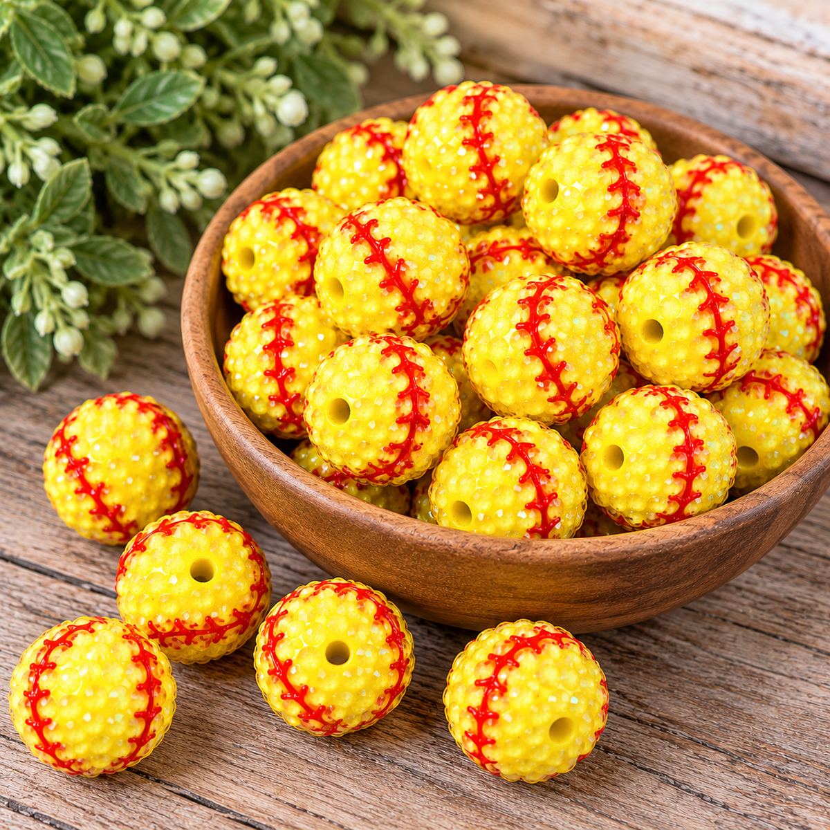 20mm yellow softball acrylic rhinestone beads featuring sparkling textured surfaces, red softball stitching, and threading holes. Perfect for DIY beaded pens, keychains, jewelry making, and softball-themed crafts.