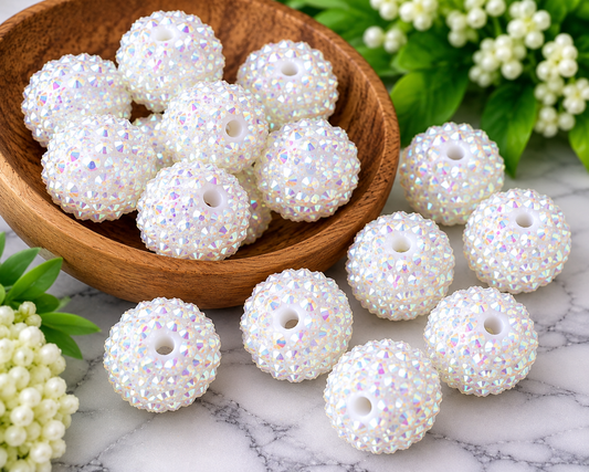 20mm white acrylic rhinestone beads with sparkling AB iridescent crystals for wristlets, keychains, pens, and DIY craft projects.