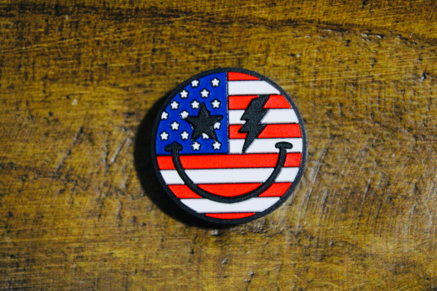 Patriotic Smiley Face Red White and Blue Silicone Focal Bead