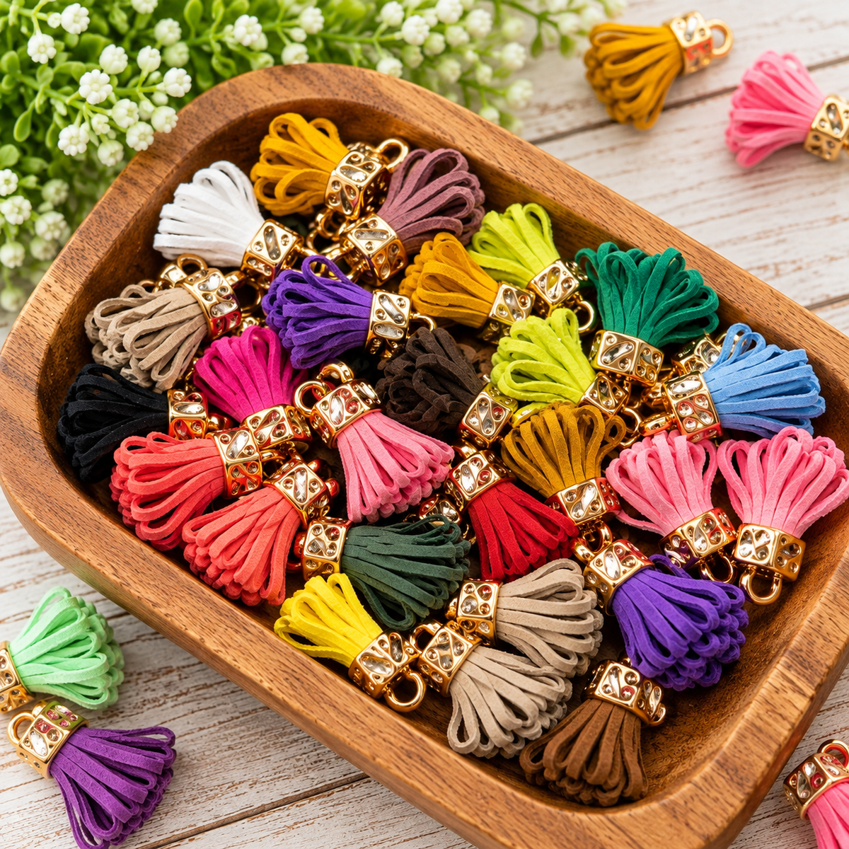 Close-up assortment of 25mm faux suede lantern tassels with gold-tone hardware for wristlet keychains, zipper pulls and handmade accessories
