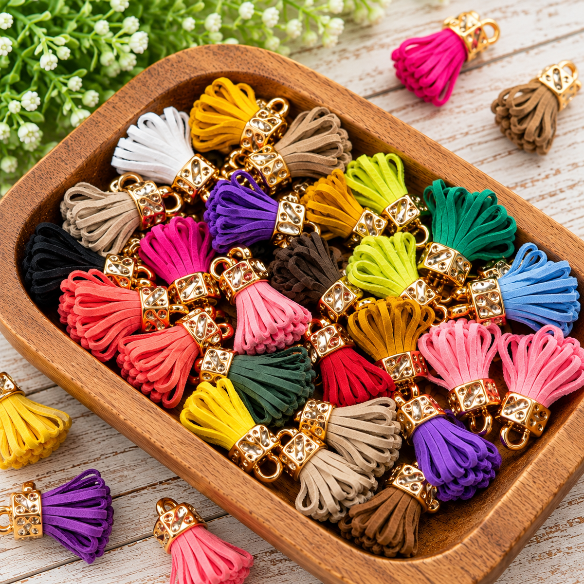 Assorted colorful 25mm mini faux suede lantern tassels with decorative gold-tone caps and attachment loops displayed in a wooden tray