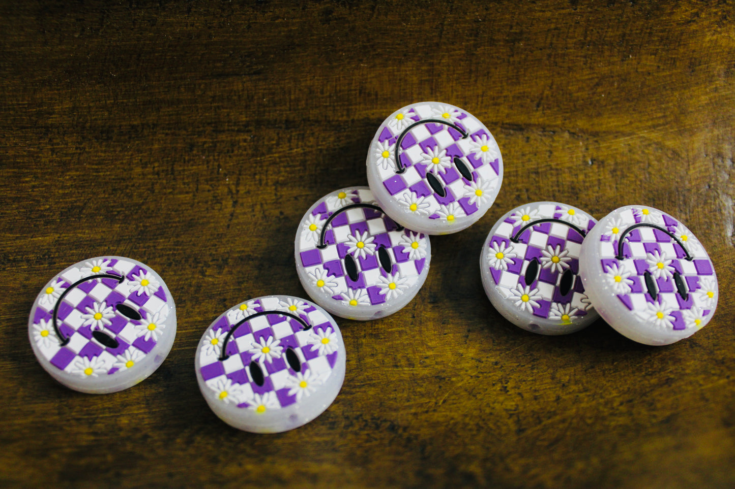 Purple Smiley Checkered Focal Bead Daisies