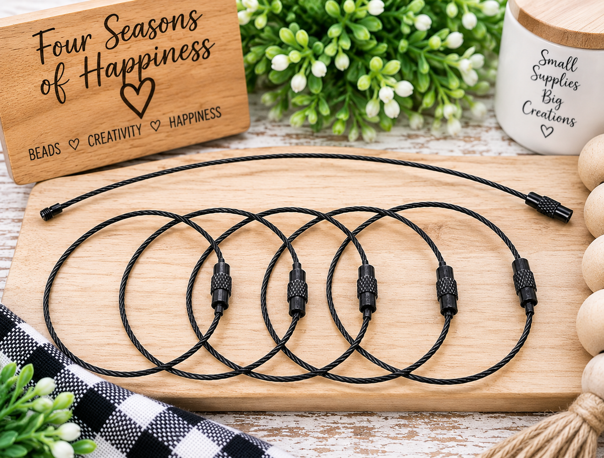 Black 5.7-inch thread-close wire loops with screw closures for making beaded cup charms, bag charms and keychains, sold in bags of 12.