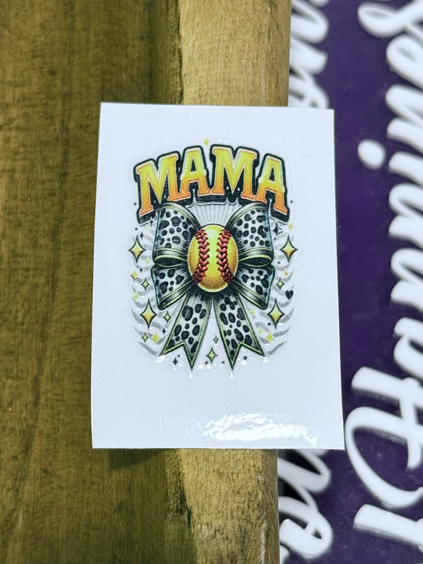 Mama Softball UV DTF Decal – 2x2 Mini Leopard Bow Softball Sticker for Tumblers, Cups & Crafts (Sold Individually)