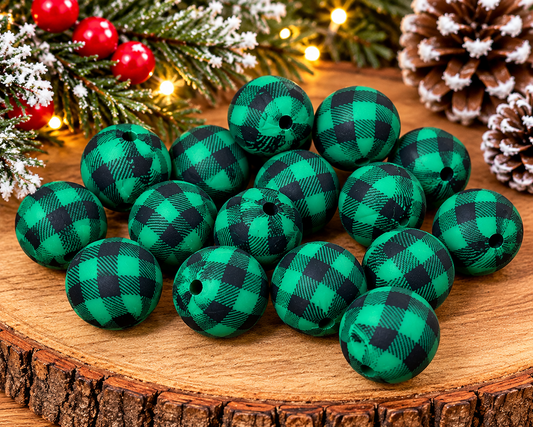 15mm Green & Black Buffalo Plaid Printed Silicone Beads | Christmas Craft Supplies
