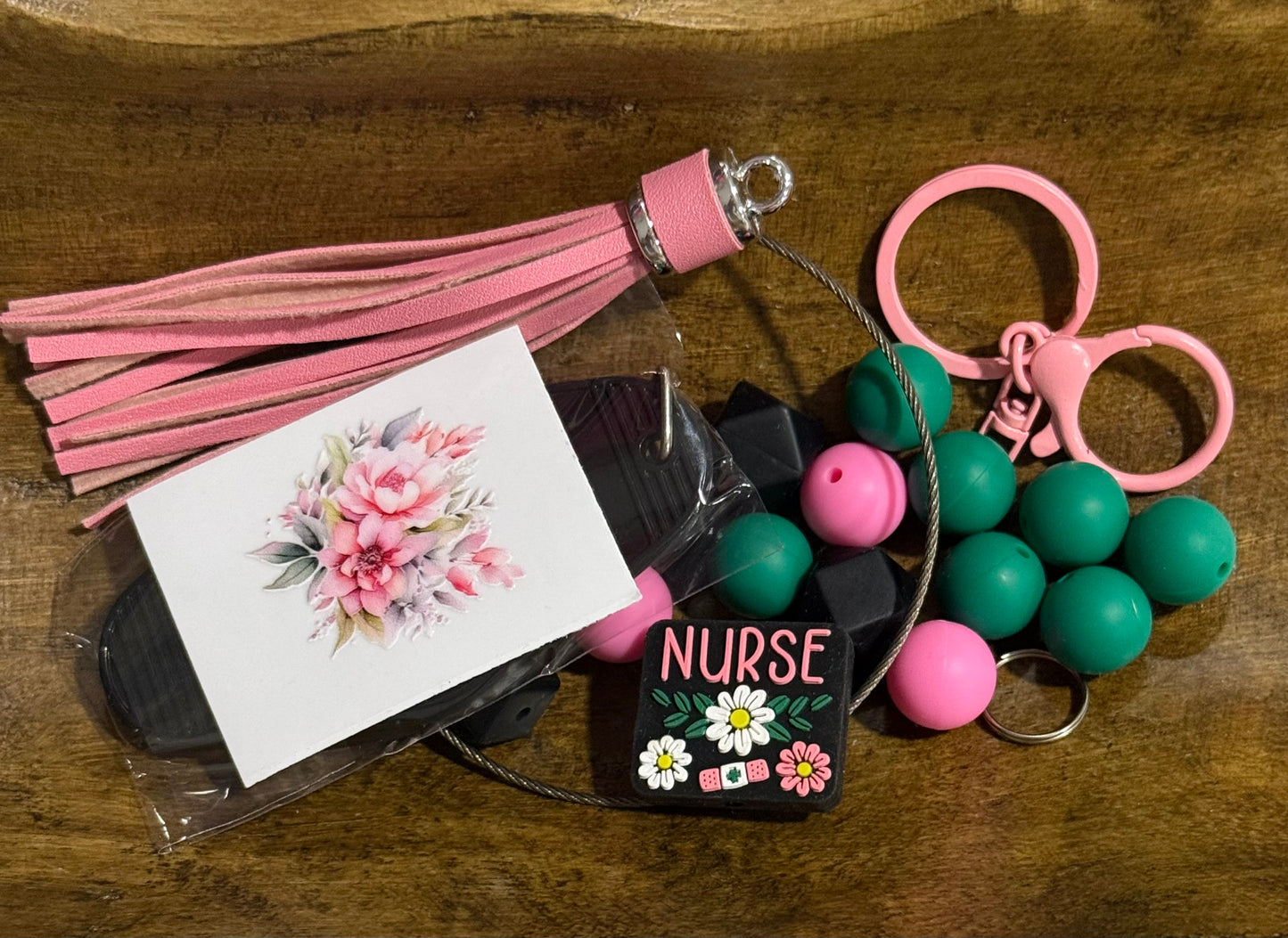 Nurse Happiness Wristlet Keychain Bundle – Beaded Nurse Keychain with Floral Acrylic, Tassel & Clip
