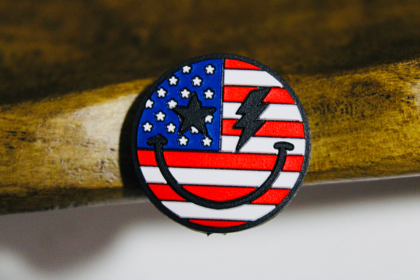 Patriotic Smiley Face Red White and Blue Silicone Focal Bead