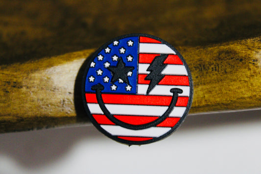 Patriotic Smiley Face Red White and Blue Silicone Focal Bead