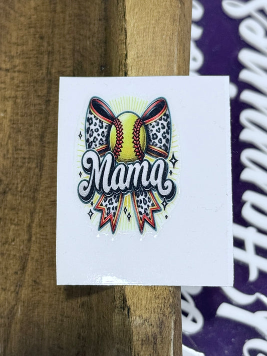 Mama Softball UV DTF Decal – 2x2 Mini Leopard Bow Softball Sticker for Tumblers, Cups & Crafts (Sold Individually)
