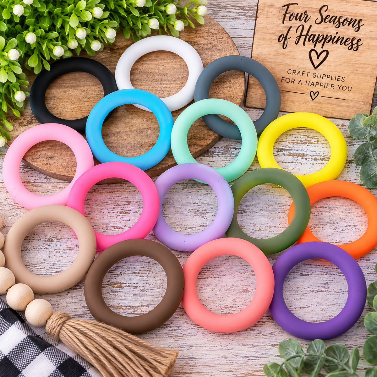 65mm silicone ring beads available in multiple colors and sold individually for keychains, bag charms and DIY craft projects from Four Seasons of Happiness.