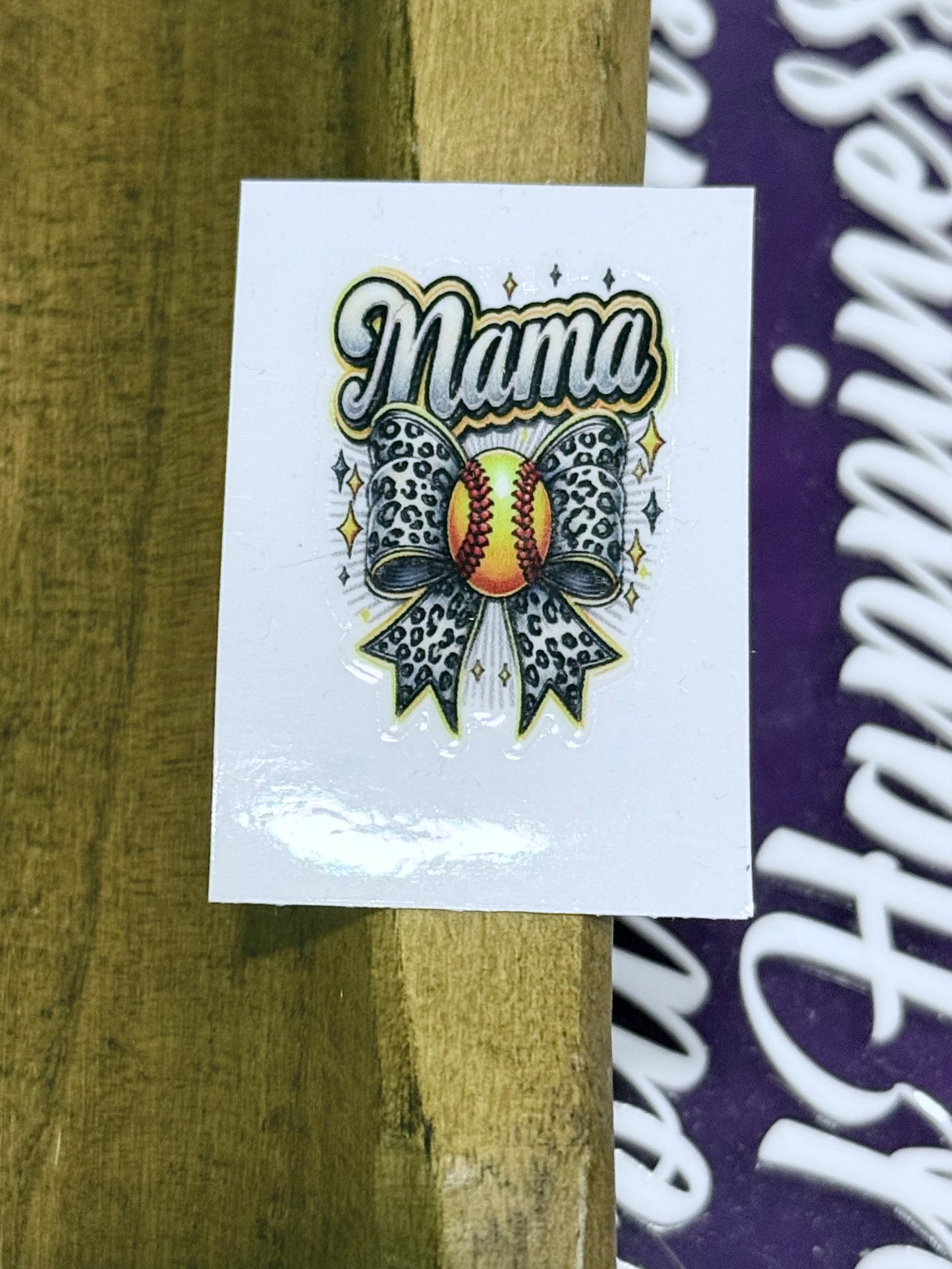 Mama Softball UV DTF Decal – 2x2 Mini Leopard Bow Softball Sticker for Tumblers, Cups & Crafts (Sold Individually)