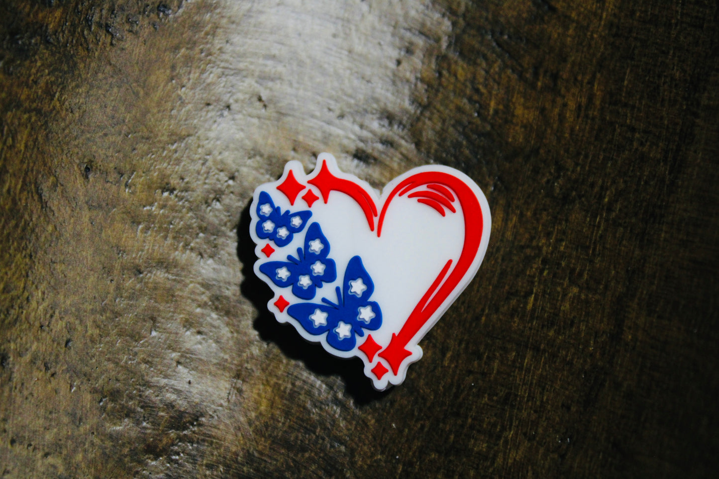 Red White Blue Heart With Butterflies Silicone Focal Bead