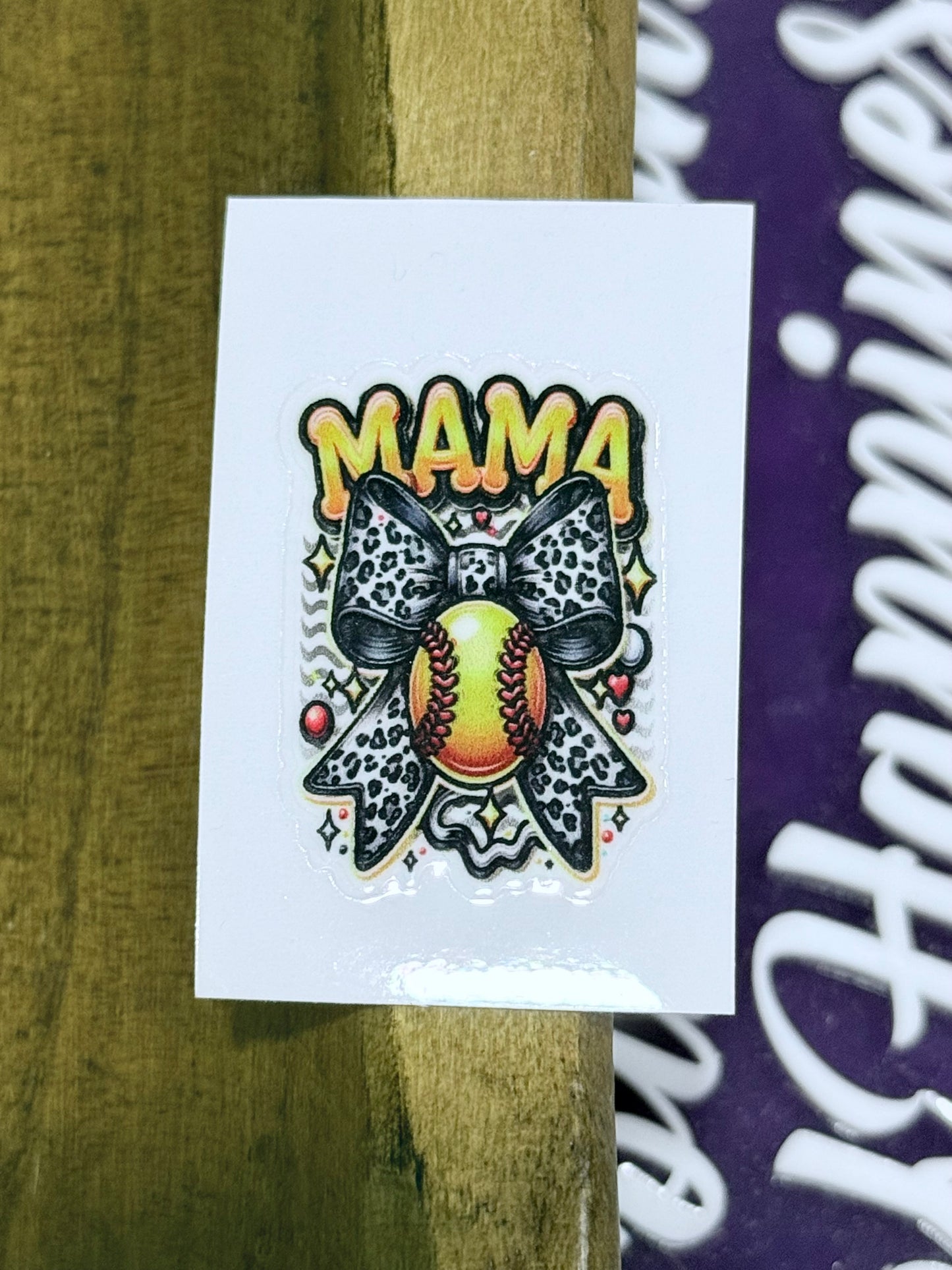 Mama Softball UV DTF Decal – 2x2 Mini Leopard Bow Softball Sticker for Tumblers, Cups & Crafts (Sold Individually)