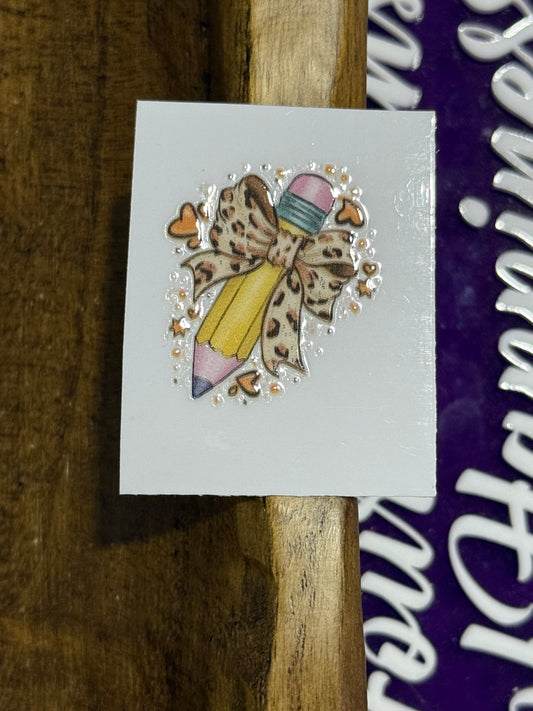 Mini Pencil Bow UV DTF Decal Sticker | Leopard, Pink & Checkered Teacher Design | Waterproof Cup & Craft Transfer (Sold Individually)