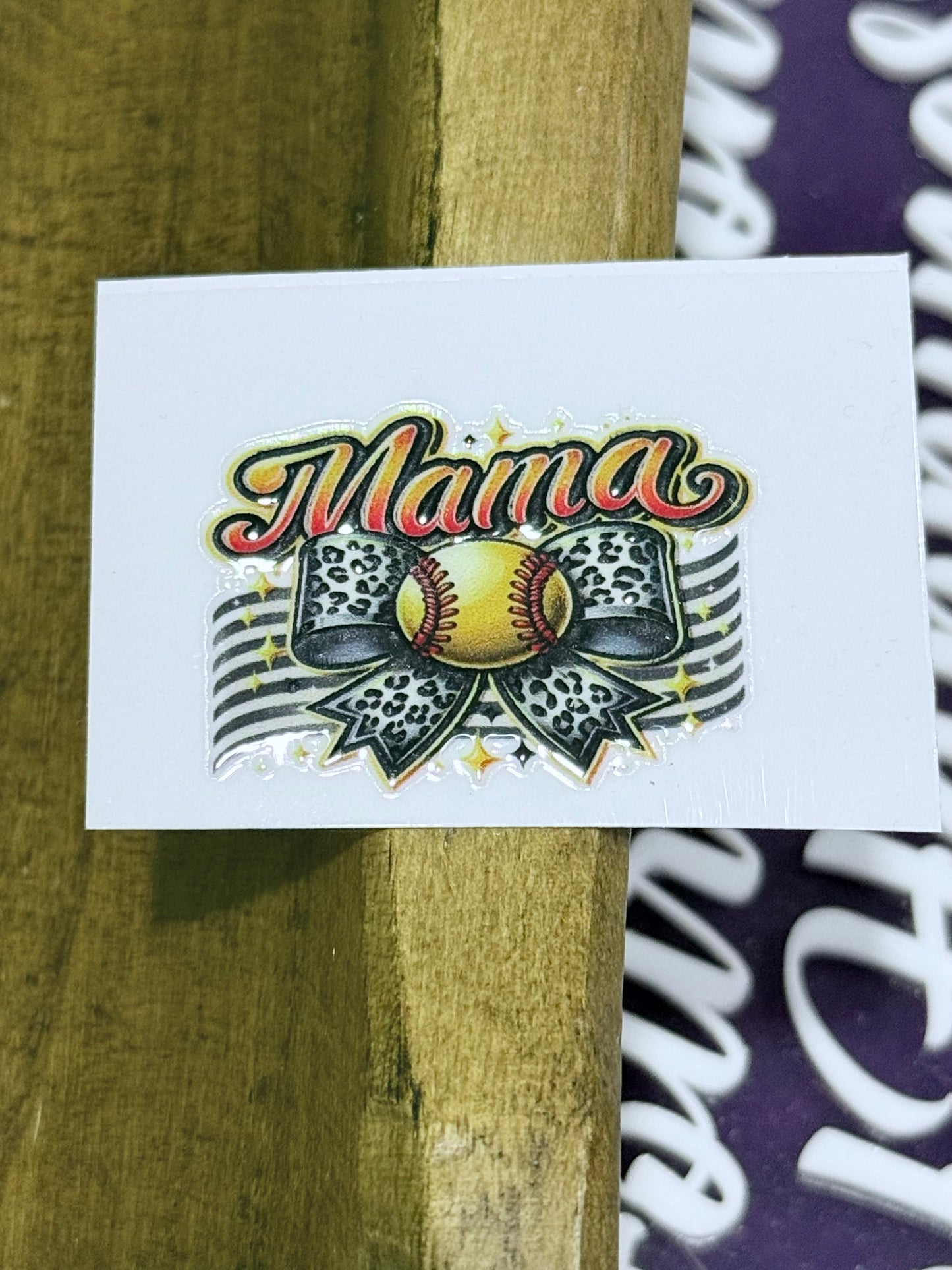 Mama Softball UV DTF Decal – 2x2 Mini Leopard Bow Softball Sticker for Tumblers, Cups & Crafts (Sold Individually)