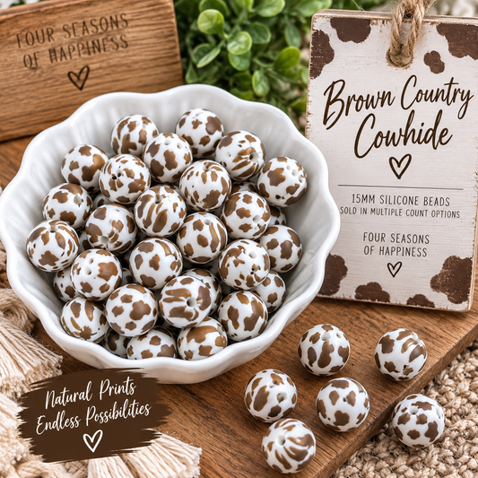 Brown Country Cowhide 15mm printed silicone beads featuring white beads with assorted brown cowhide patterns, styled for DIY wristlets, keychains and craft projects.