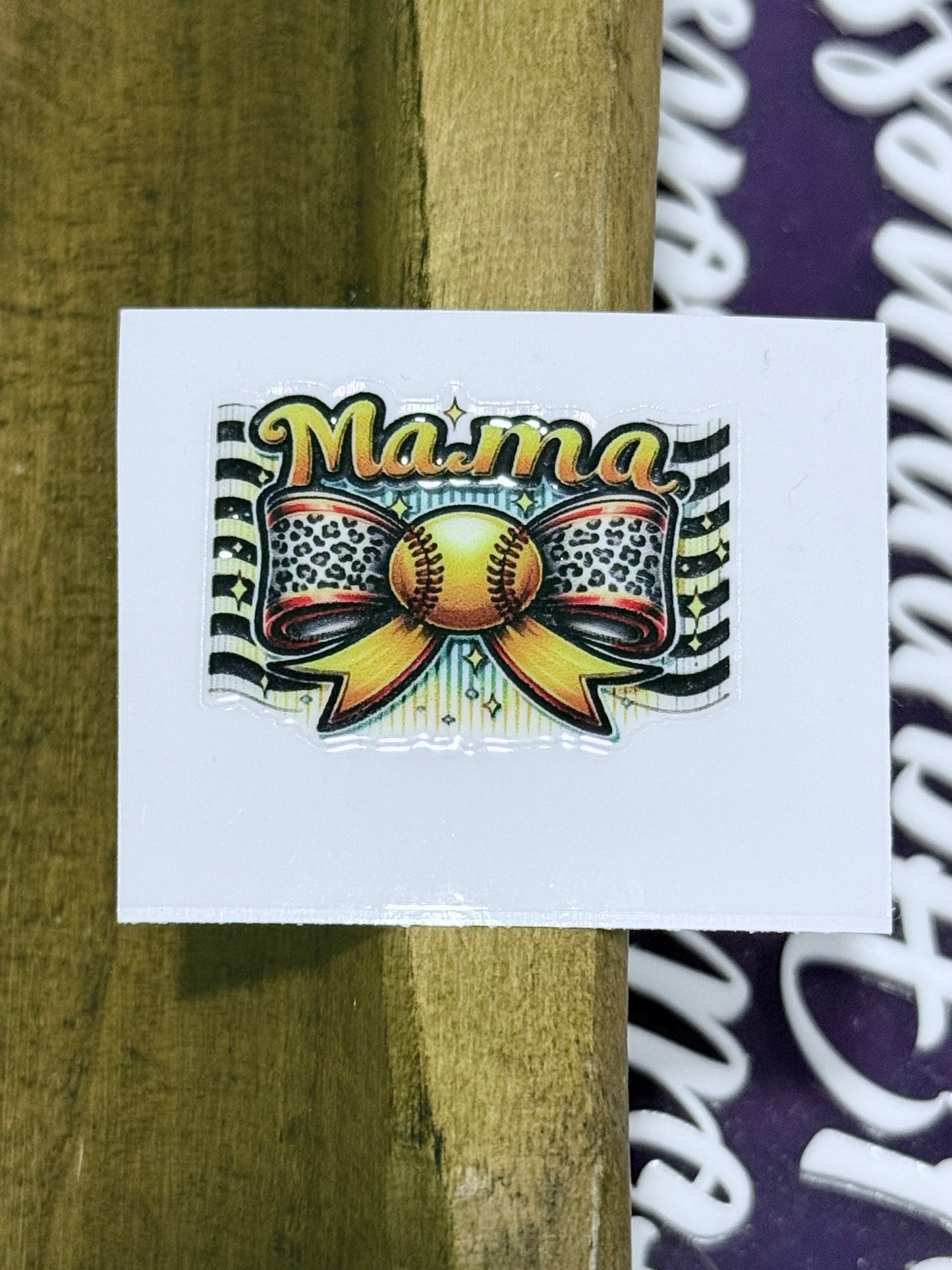 Mama Softball UV DTF Decal – 2x2 Mini Leopard Bow Softball Sticker for Tumblers, Cups & Crafts (Sold Individually)