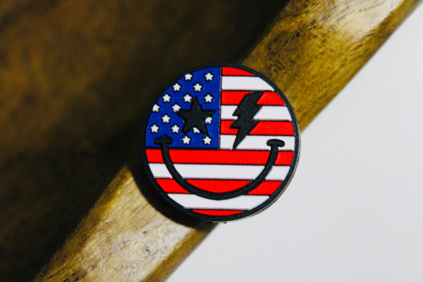 Patriotic Smiley Face Red White and Blue Silicone Focal Bead