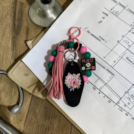Nurse Happiness Wristlet Keychain Bundle – Beaded Nurse Keychain with Floral Acrylic, Tassel & Clip