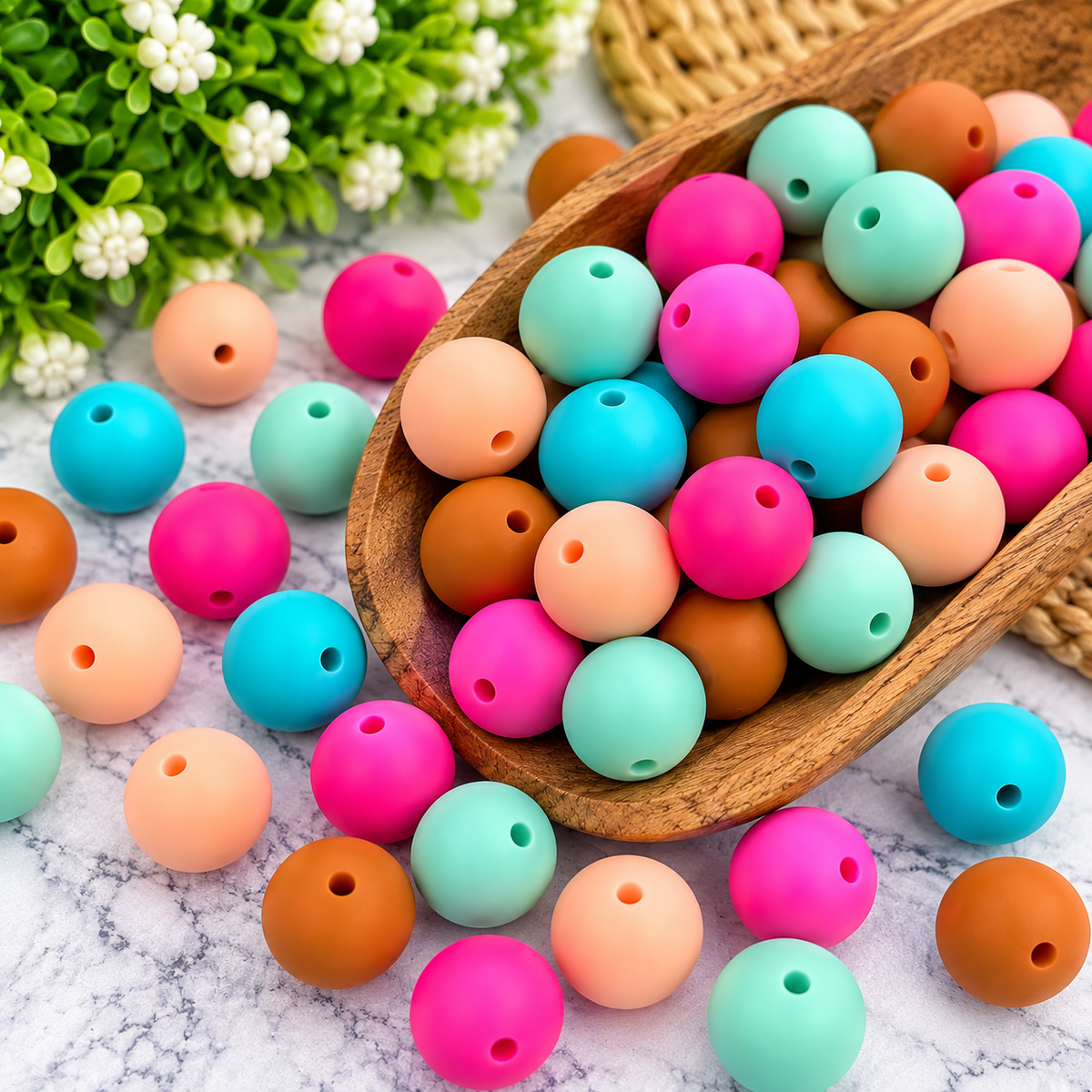 Chasing Happy 60-count 15mm matte silicone bead mix featuring Tropical Lagoon, Coastal Mint, Dragonfruit Dream, Tickled Pink, Terracotta Trail and Peach Blossom.