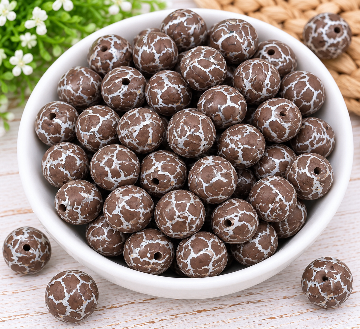 Chocolate Happiness 15mm printed silicone beads featuring a rich chocolate brown base with irregular white crackle patterns. Round silicone beads for DIY wristlet keychains, bag charms, and beading projects.