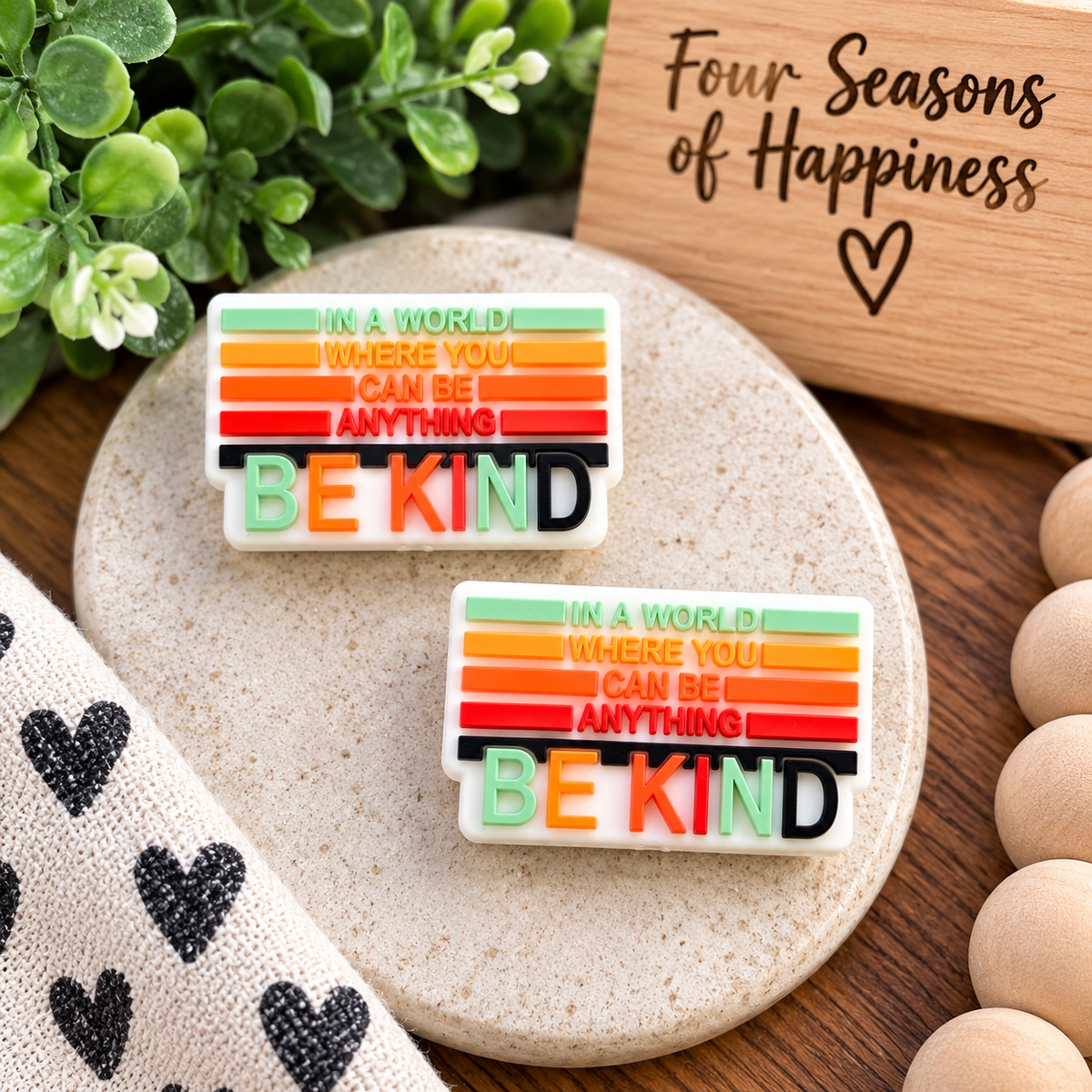 Choose Kind inspirational silicone focal bead featuring a colorful “In a world where you can be anything, be kind” design for DIY wristlets and keychains.