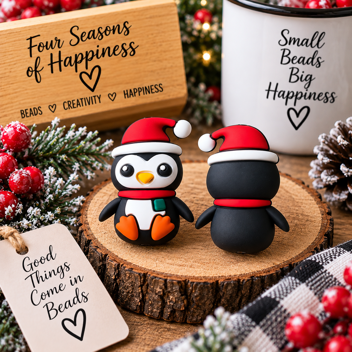 Black and white Christmas penguin silicone focal bead wearing a red Santa hat and scarf, shown from the front and back in a festive holiday setting.