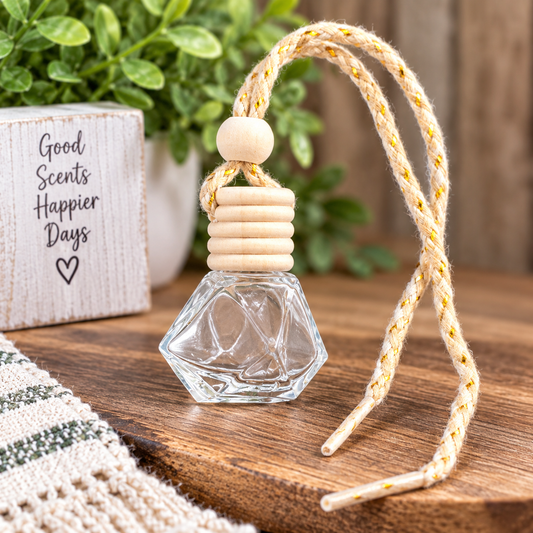Clear glass hanging car diffuser bottle with natural wood cap and beige gold-accent cord, ready to fill for custom car freshener projects.