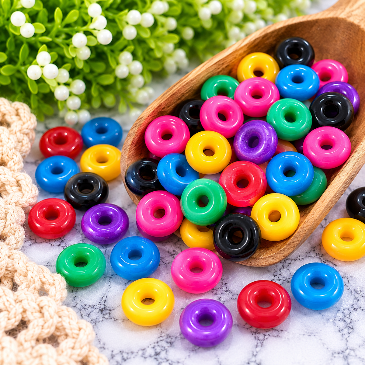 Color Pop Rings 14mm acrylic spacer beads with 5mm large holes in colorful assorted shades, available in 40-count bags from Four Seasons of Happiness.