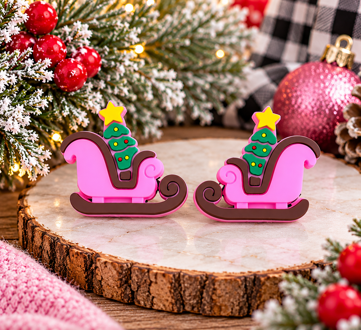 Pink Christmas Sleigh with Tree Silicone Focal Bead | Holiday Craft Supplies
