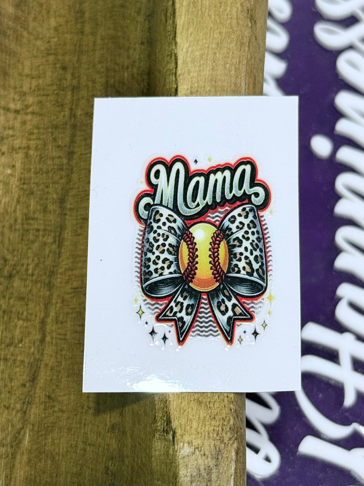 Mama Softball UV DTF Decal – 2x2 Mini Leopard Bow Softball Sticker for Tumblers, Cups & Crafts (Sold Individually)
