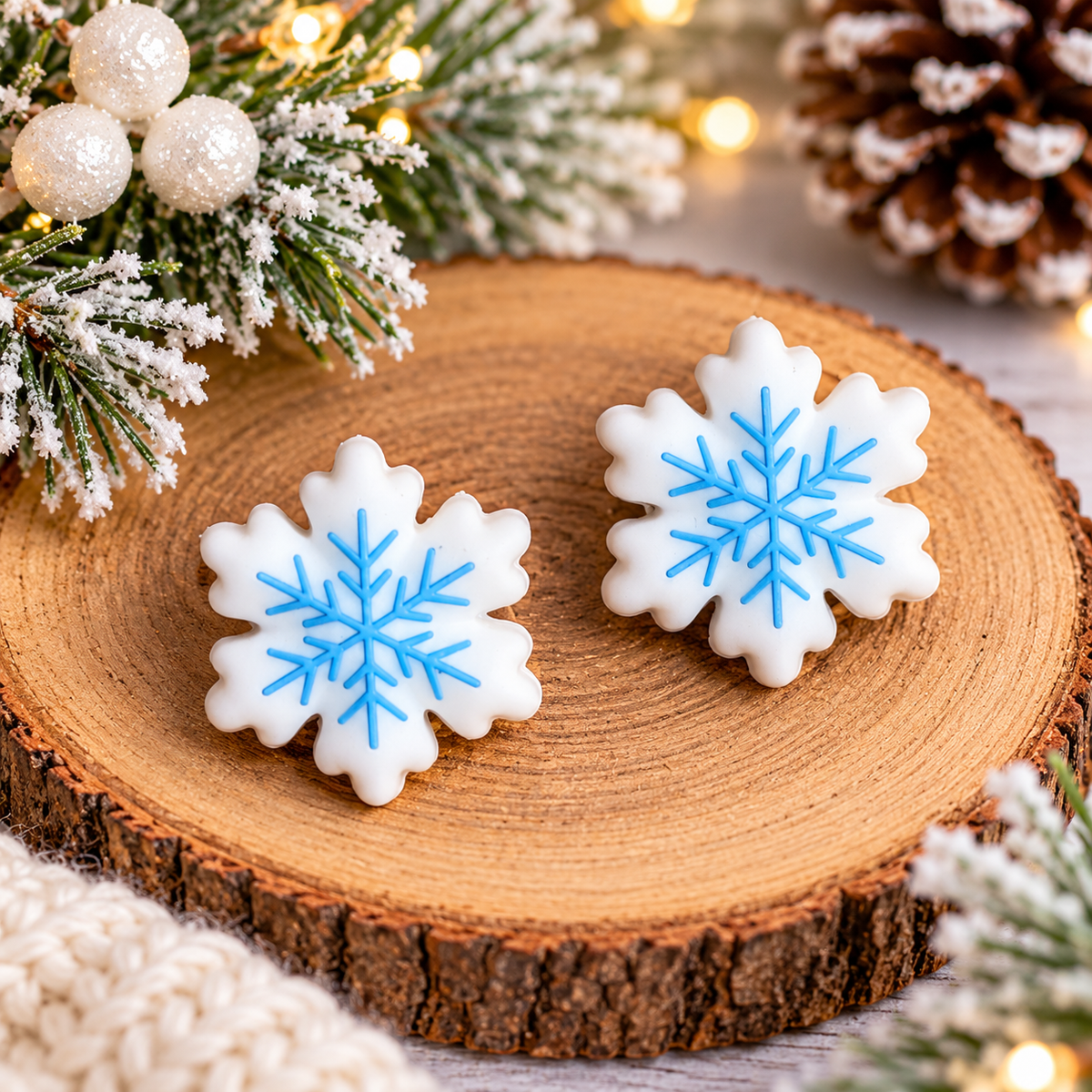 White & Blue Snowflake Silicone Focal Bead | Winter & Christmas Craft Supplies