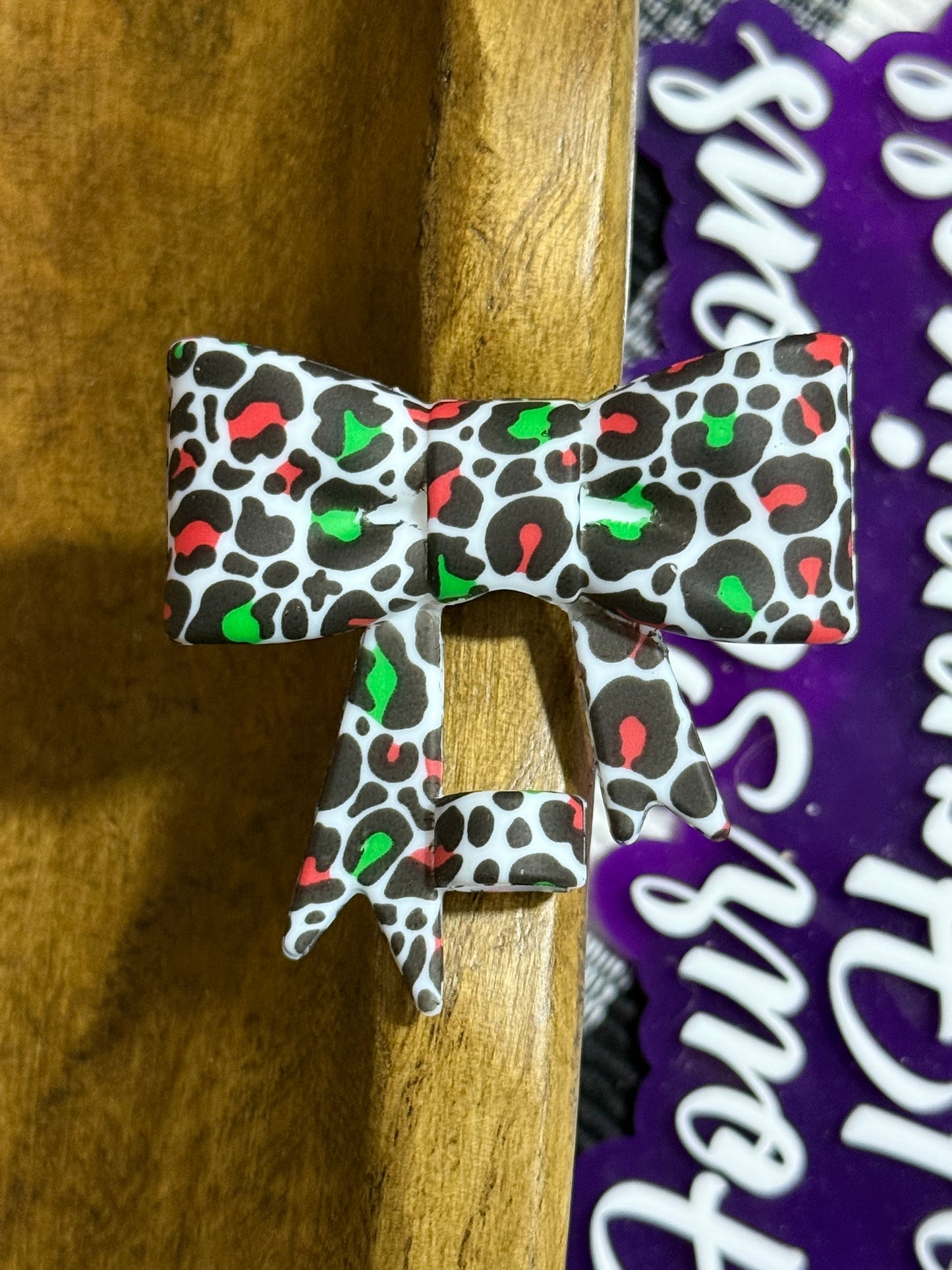 Silicone Printed Bow Straw Cap/Topper Animal Print Christmas