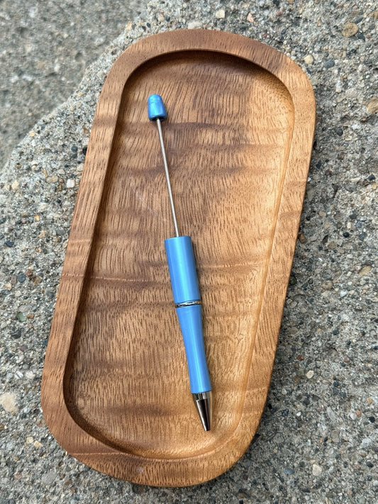 Ocean Mist satin metallic blue beadable plastic pen with refillable black ink designed for creating custom DIY beaded pens using silicone beads, focal beads, and spacers.