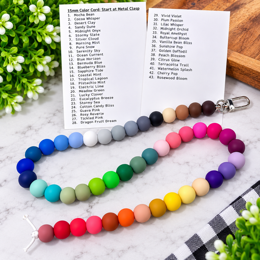 Four Seasons of Happiness 15mm silicone bead color cord featuring all 43 current colors with a numbered color reference list.