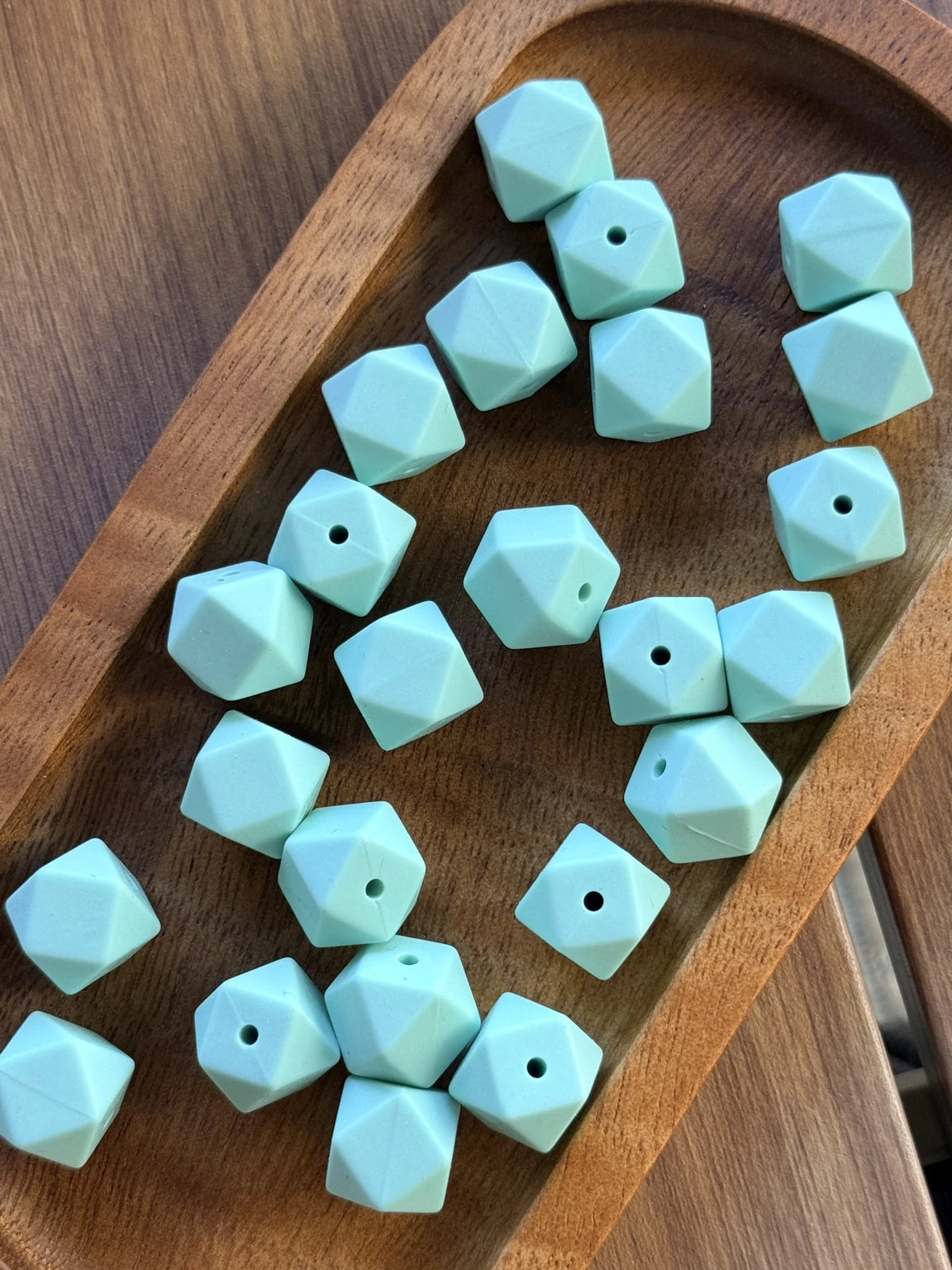 14mm Coastal Mint silicone hexagon beads featuring a soft mint green color and modern faceted design. Available in 5-count and 10-count bags for beadable pens, wristlets, keychains, and DIY craft projects.