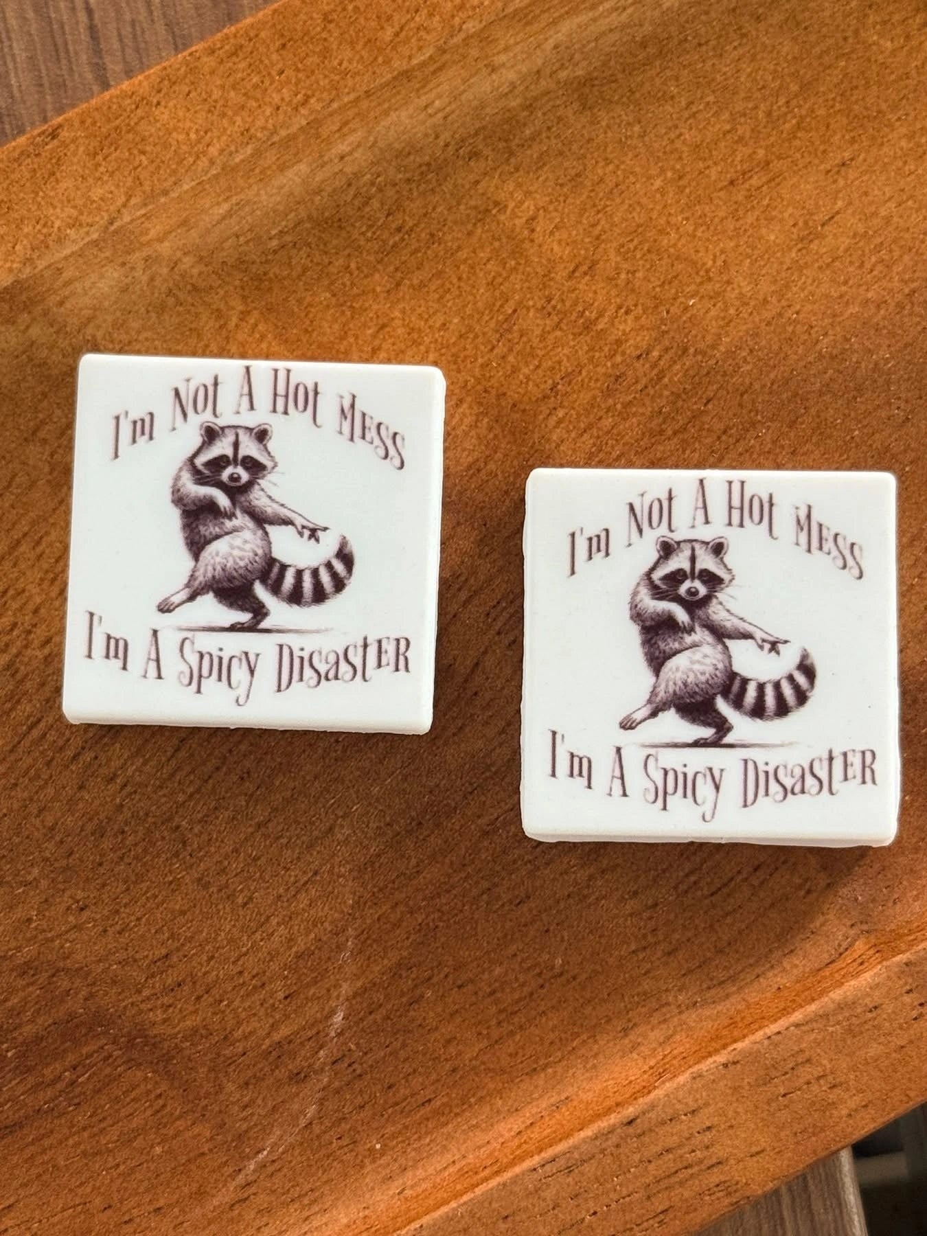 Funny raccoon silicone focal bead featuring the phrase “I’m Not A Hot Mess I’m A Spicy Disaster” displayed on a wooden tray. Perfect for beadable pens, wristlets, keychains, badge reels, lanyards, and DIY crafting projects.