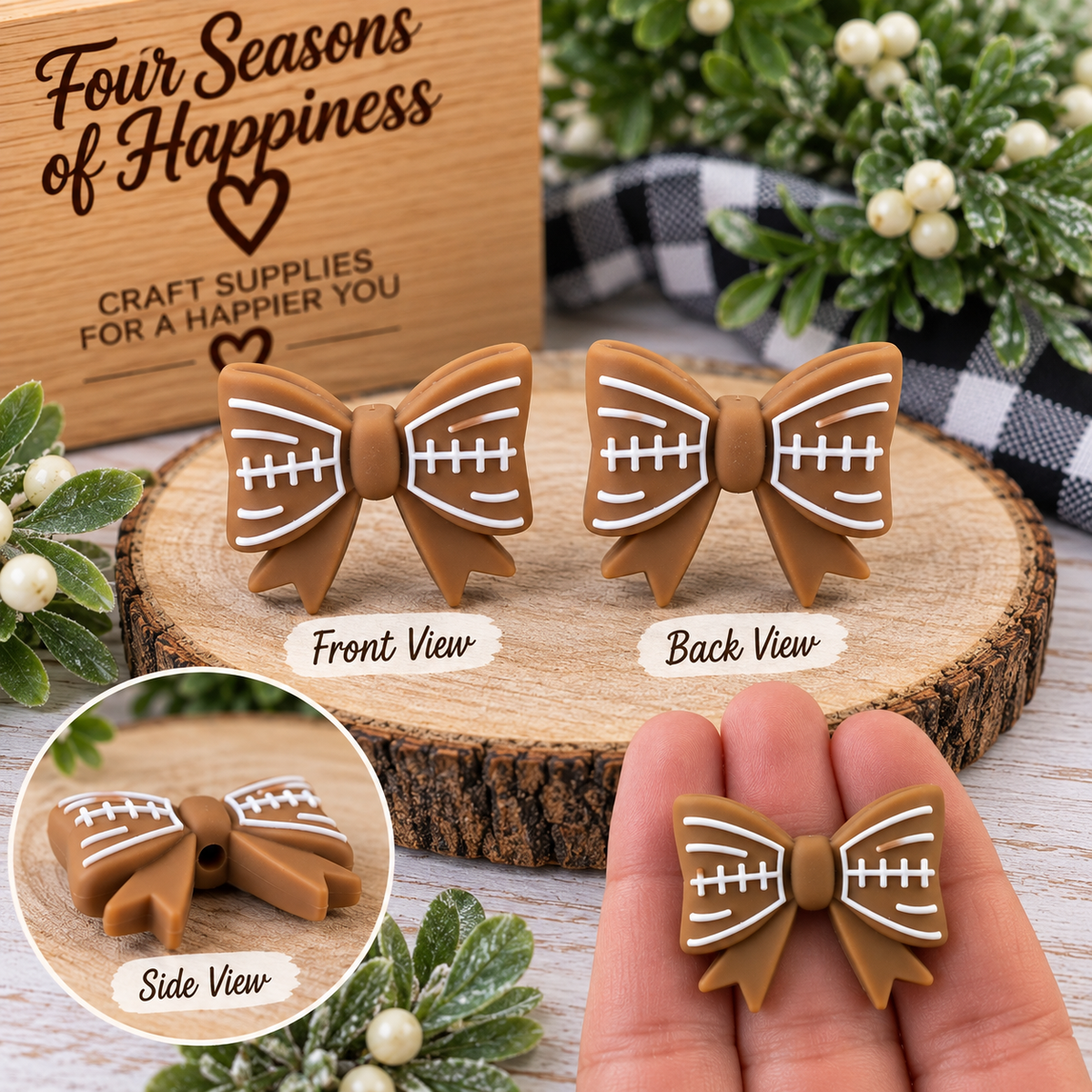 Brown silicone football bow focal bead with white football stitching, matching design on front and back, from Four Seasons of Happiness.