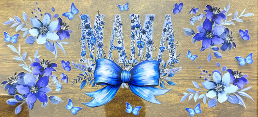 #1 16oz Blue Floral MAMA UV DTF Cup Wrap – Butterfly & Bow Iced Cup Decal for Glass Cans, Tumblers & DIY Gifts