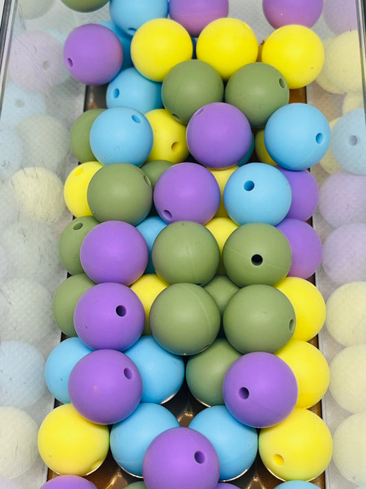 Easter Bead Mix Silicone 15mm Bead Bag Multicolor 60 Count 15 Count Of Each Color Purple Cream Yellow Pastel Blue Matcha Green