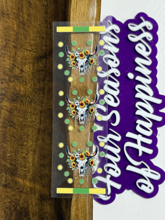 Western Sunflower Bull Skull Pen & Bookmark UV DTF Decal – Boho Cow Skull Wrap for Stationery, Acrylic Blanks & DIY Crafts