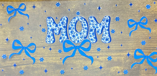 #39 16oz Blue Bow MOM UV DTF Cup Wrap – Floral Lettering Iced Cup Decal for Libbey Glass Cans