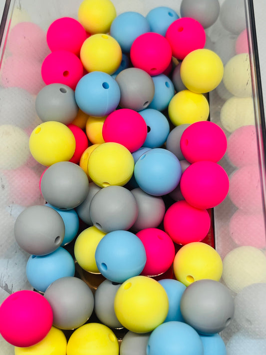 Summer Bead Mix Silicone 15mm Multicolor Bead Bag 60 Count 15 Count Each Color Hot Pink Yellow Light Gray Pastel Blue