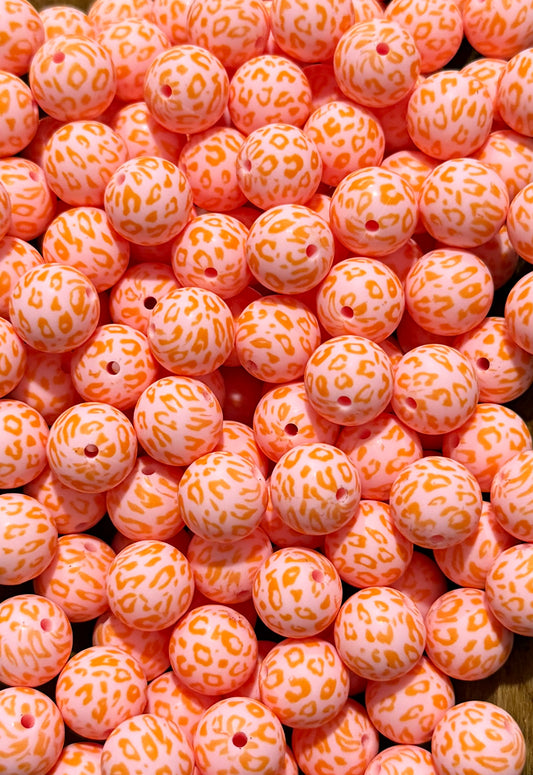 Peach Leopard Print 15mm Silicone Beads | Orange Animal Print Round Beads for Keychains, Pens & DIY Crafts